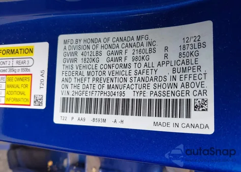 2023 Honda Civic Ex /Ex W/O Bsi из США, поврежденный, VIN 2HGFE1F77PH304195